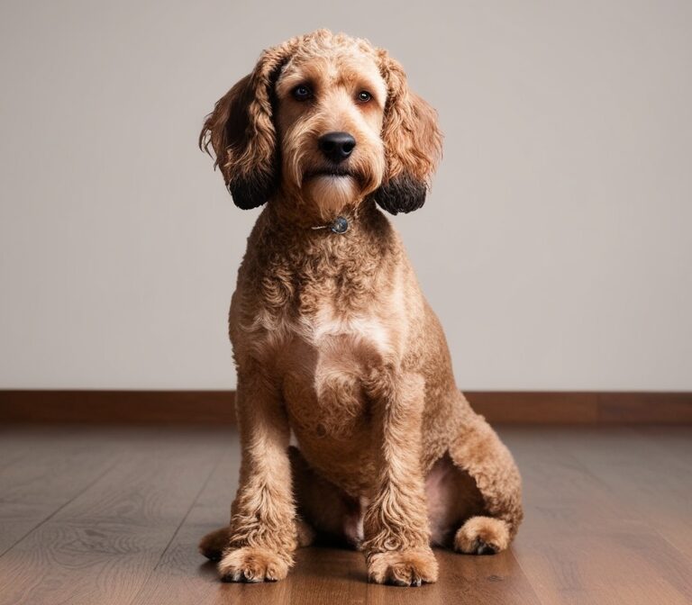 Spanish Water Dog with curly coat sitting indoors
