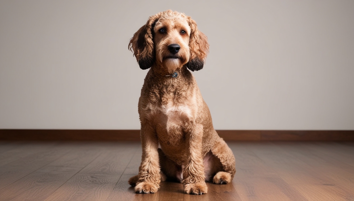 Spanish Water Dog with curly coat sitting indoors