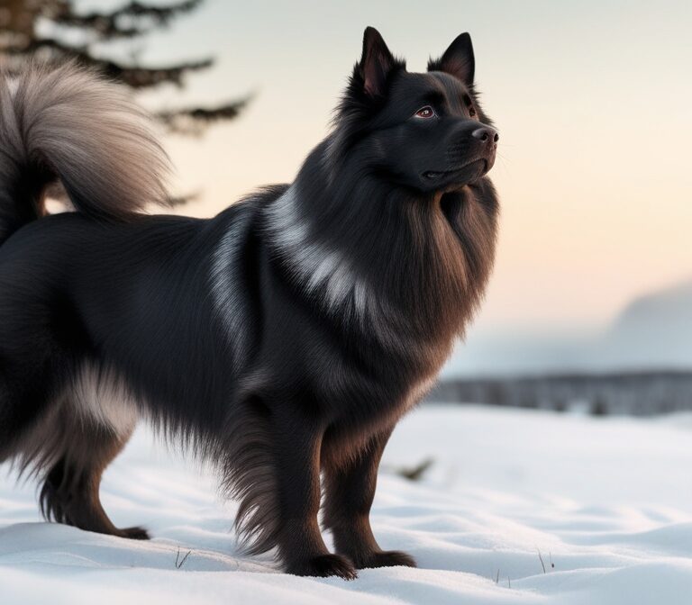 Black Swedish Lapphund standing outdoors with fluffy double coat