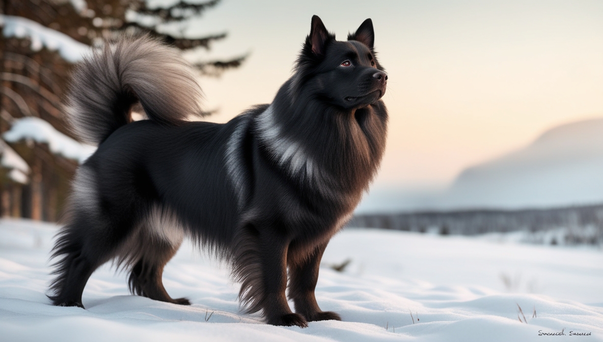 Black Swedish Lapphund standing outdoors with fluffy double coat
