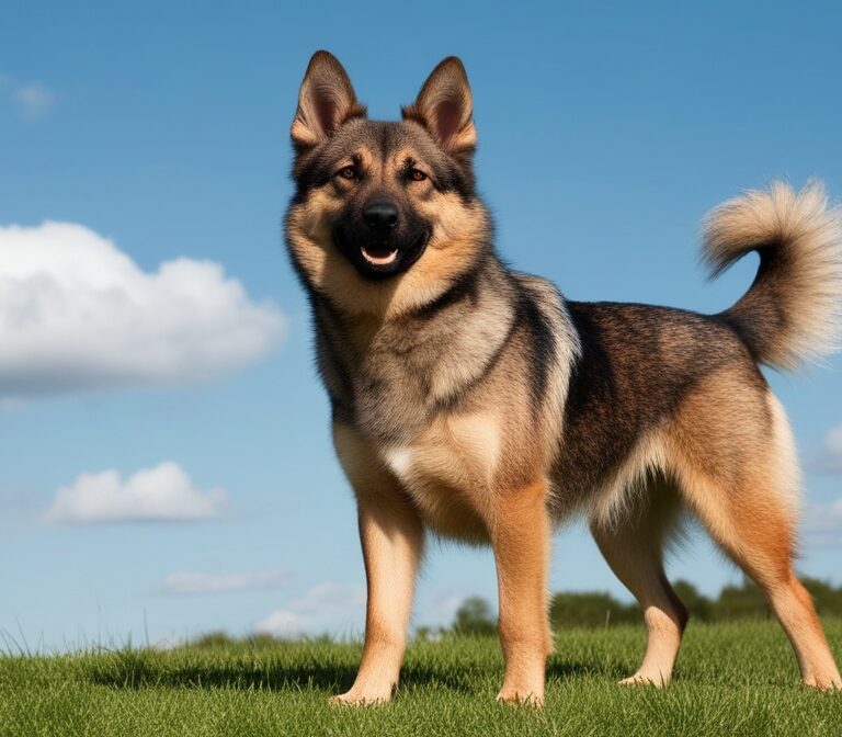 Swedish Vallhund dog standing on grass with alert expression