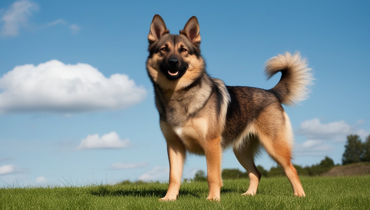 Swedish Vallhund dog standing on grass with alert expression