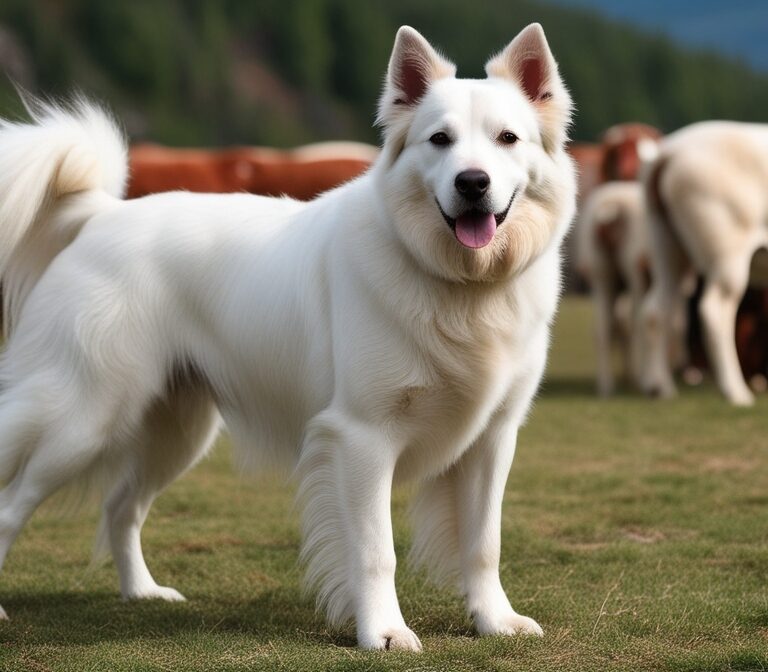 White Tatra Shepherd Dog standing outdoors with thick double coat and protective stance