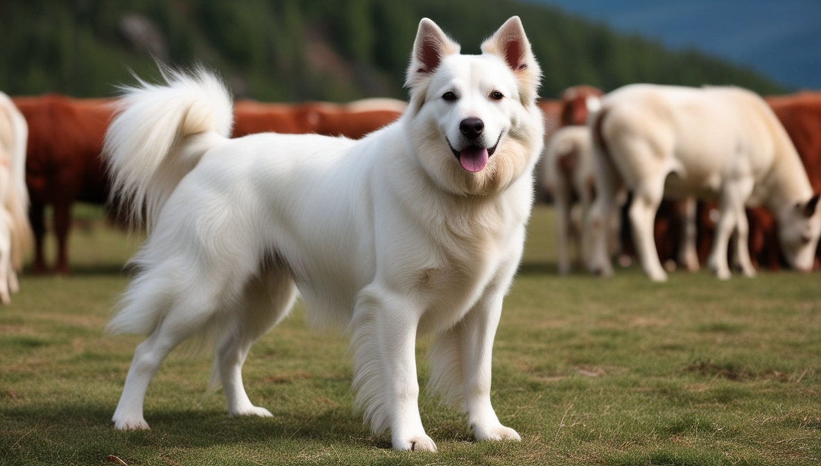 White Tatra Shepherd Dog standing outdoors with thick double coat and protective stance