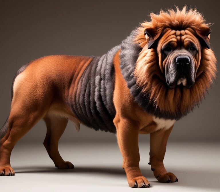 Large Tibetan Mastiff standing in a grassy field with lion-like mane