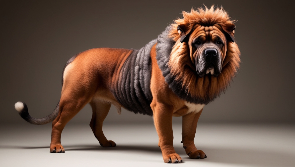 Large Tibetan Mastiff standing in a grassy field with lion-like mane