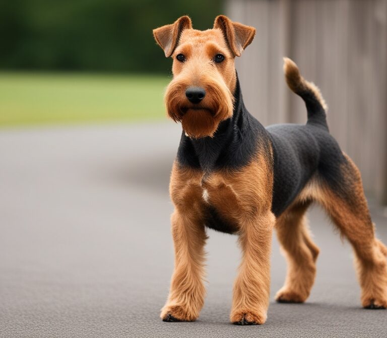 Airedale Terrier standing outdoors with black and tan wiry coat, showcasing the breed’s intelligent and confident expression