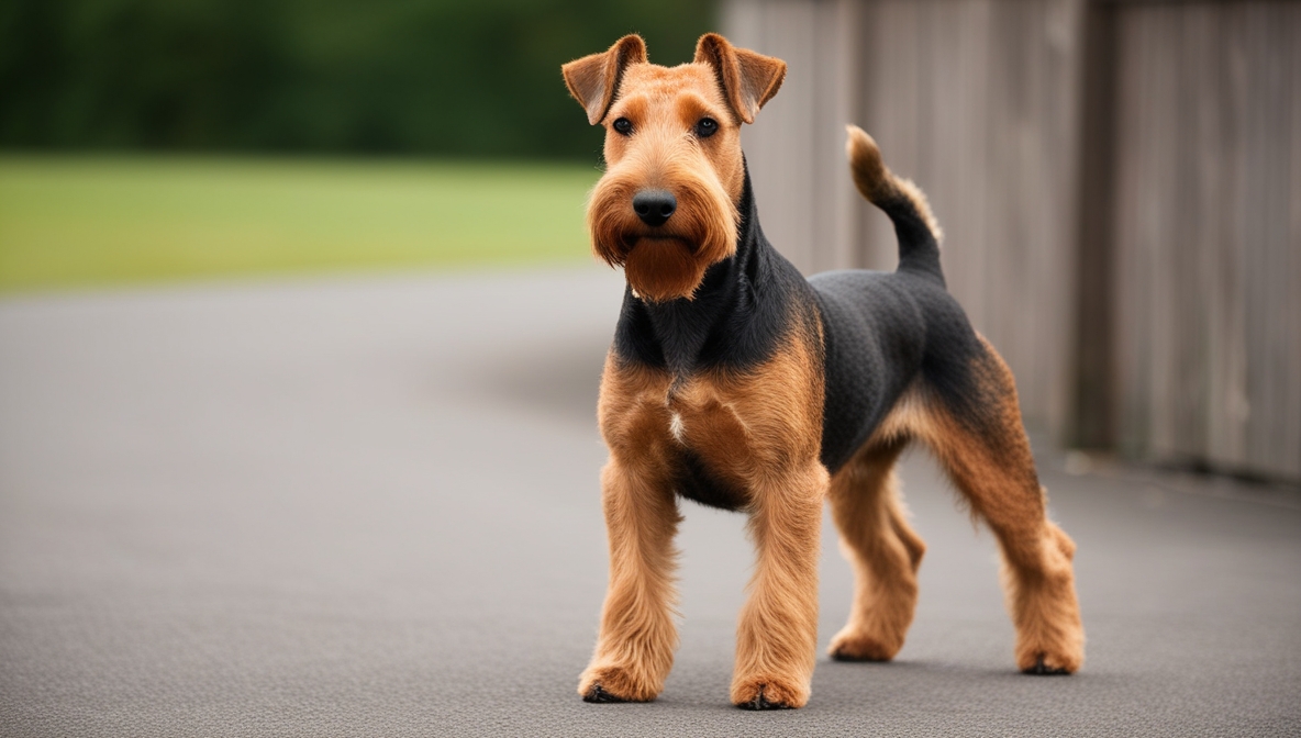 Airedale Terrier standing outdoors with black and tan wiry coat, showcasing the breed’s intelligent and confident expression