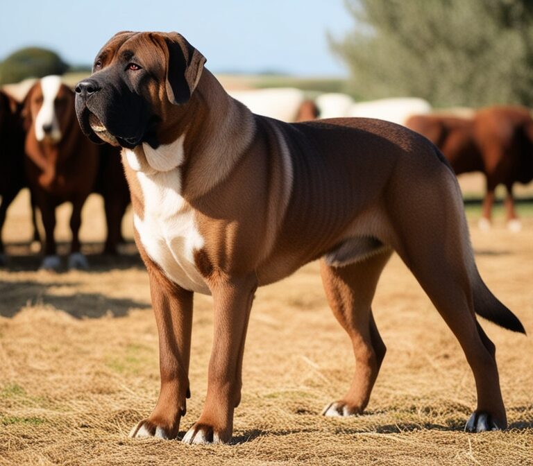 Large Alentejo Mastiff dog standing in a rural Portuguese farm field, showing its protective livestock guardian role.