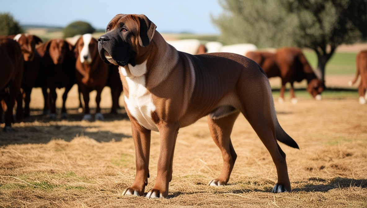 Large Alentejo Mastiff dog standing in a rural Portuguese farm field, showing its protective livestock guardian role.