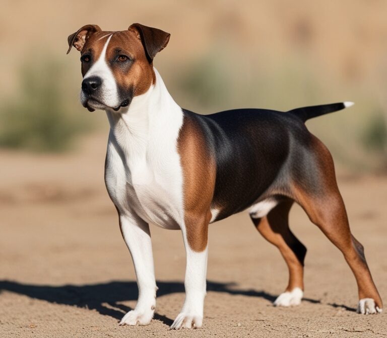 American Staffordshire Terrier dog standing outdoors, showcasing muscular build and friendly temperament.