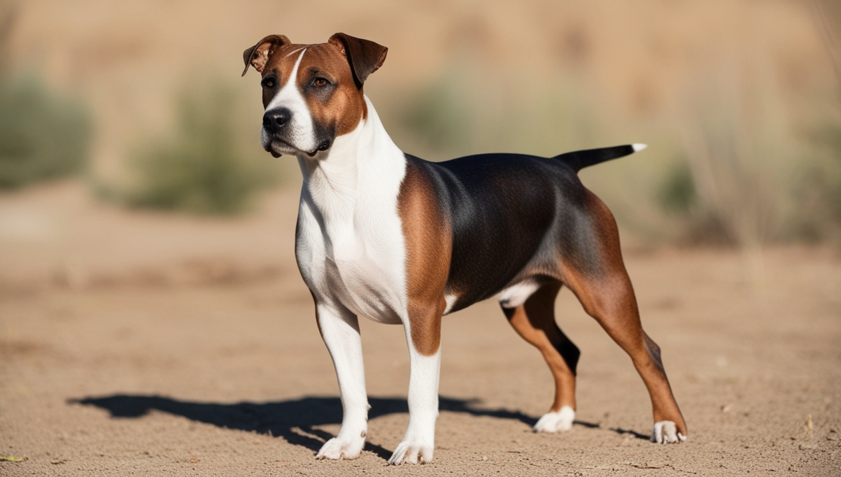 American Staffordshire Terrier dog standing outdoors, showcasing muscular build and friendly temperament.