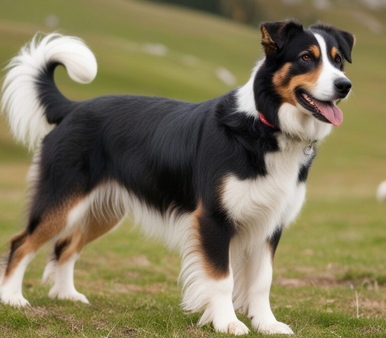 Appenzeller Mountain Dog with black tricolor coat standing alert in a field