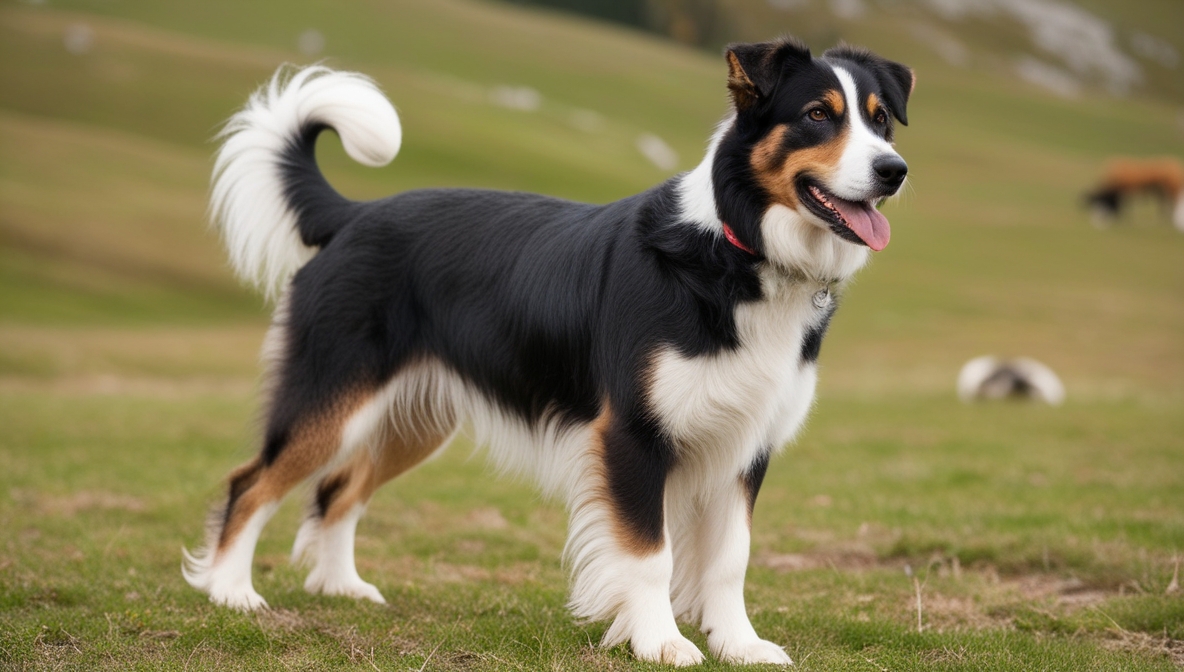 Appenzeller Mountain Dog with black tricolor coat standing alert in a field