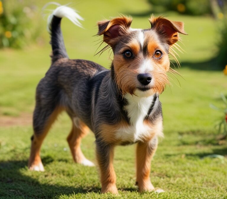 Australian Terrier standing on grass with alert expression