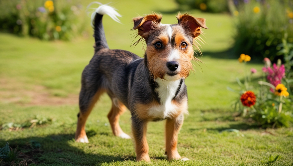Australian Terrier standing on grass with alert expression