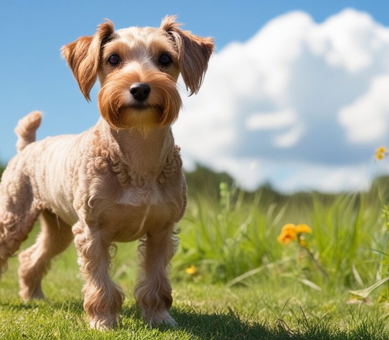Bedlington Terrier with lamb-like appearance standing on grass