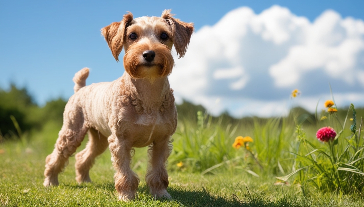 Bedlington Terrier with lamb-like appearance standing on grass