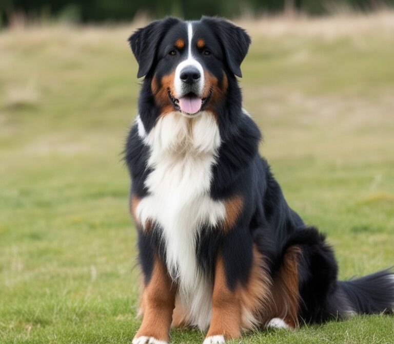 Affectionate Bernese Mountain Dog with tricolor coat sitting outdoors