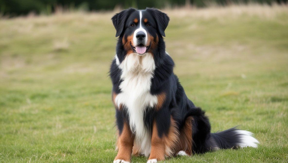 Affectionate Bernese Mountain Dog with tricolor coat sitting outdoors