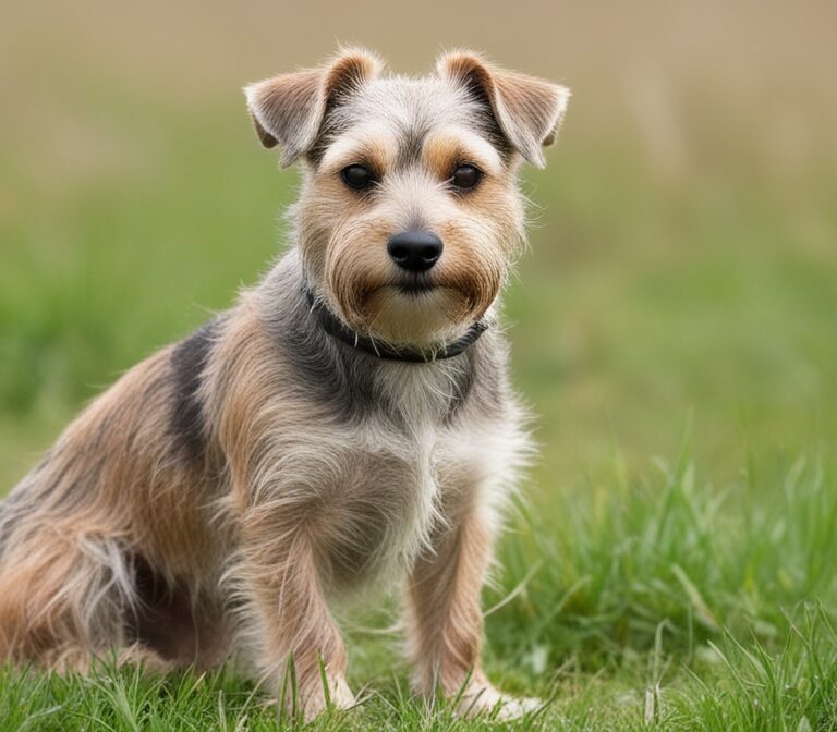 A Border Terrier with a wiry coat sitting on green grass outdoors