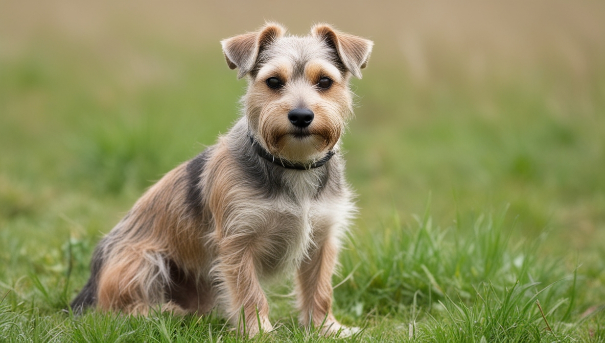 A Border Terrier with a wiry coat sitting on green grass outdoors