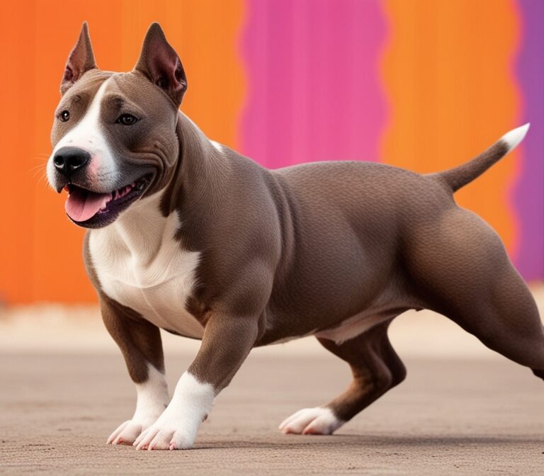 Bull Terrier standing on grass with its distinctive egg-shaped head and muscular body