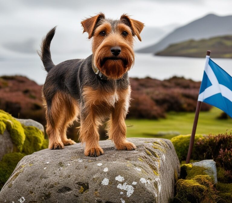 Cairn Terrier standing on rocks in the Scottish Highlands