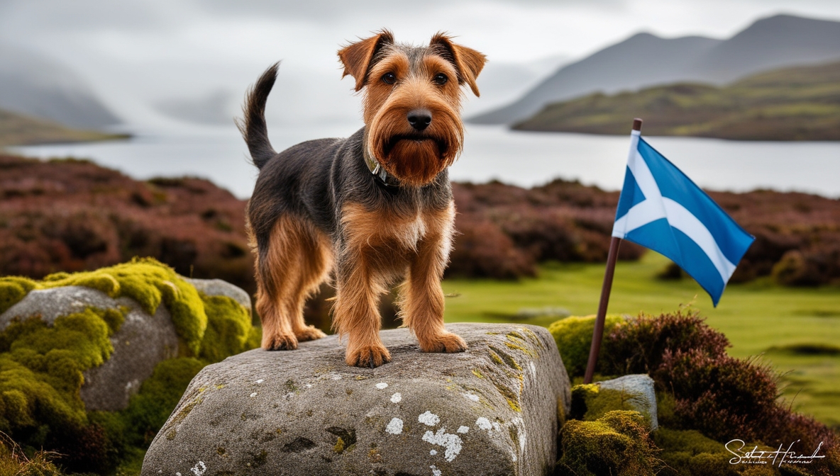 Cairn Terrier standing on rocks in the Scottish Highlands