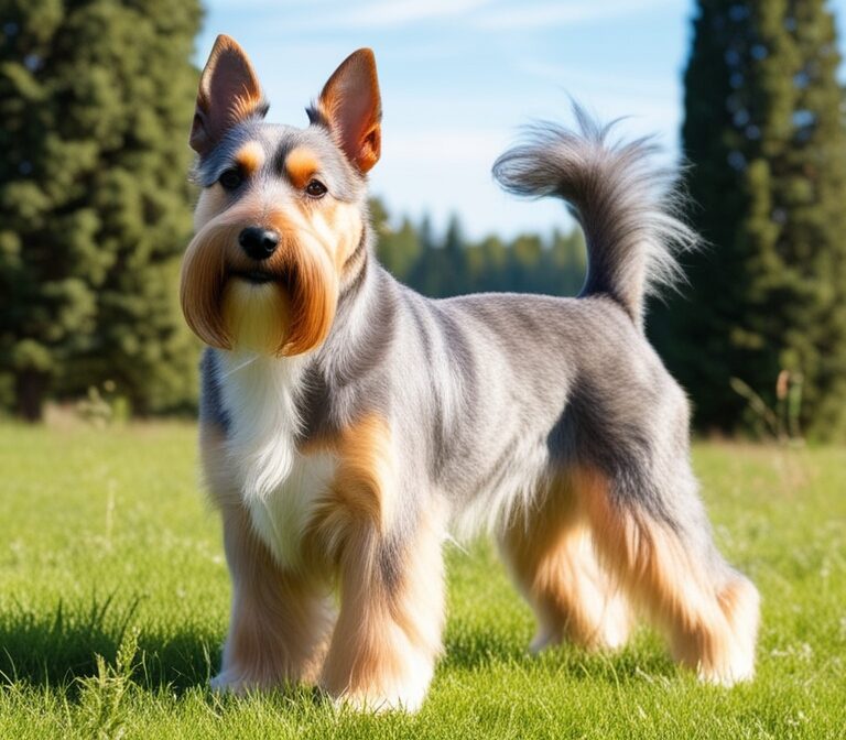 Cesky Terrier with long silky coat sitting on grass