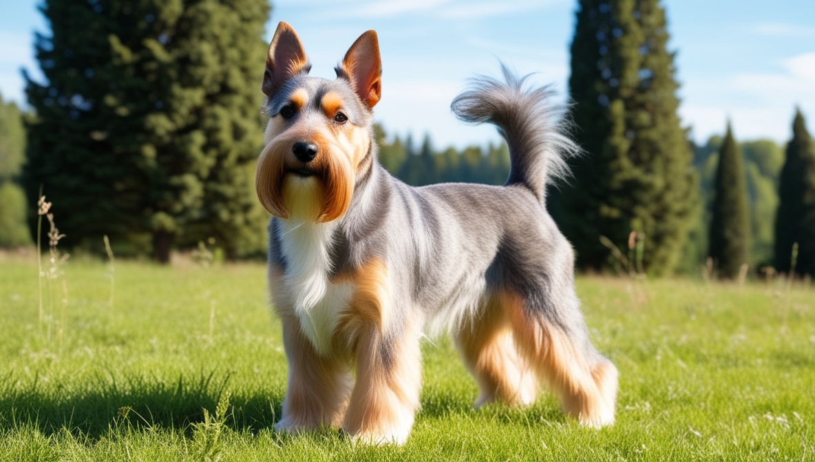 Cesky Terrier with long silky coat sitting on grass