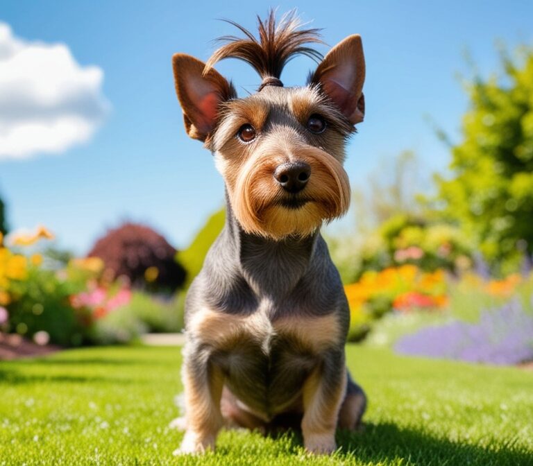 Dandie Dinmont Terrier with a silky topknot sitting on grass