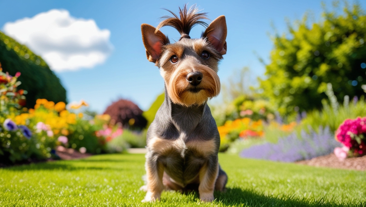 Dandie Dinmont Terrier with a silky topknot sitting on grass