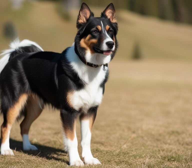 Entlebucher Mountain Dog standing in a field with tricolor coat and alert expression