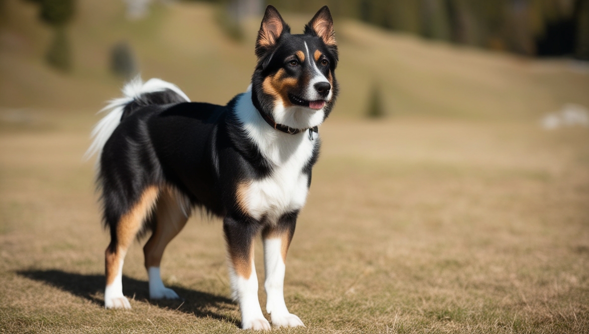 Entlebucher Mountain Dog standing in a field with tricolor coat and alert expression